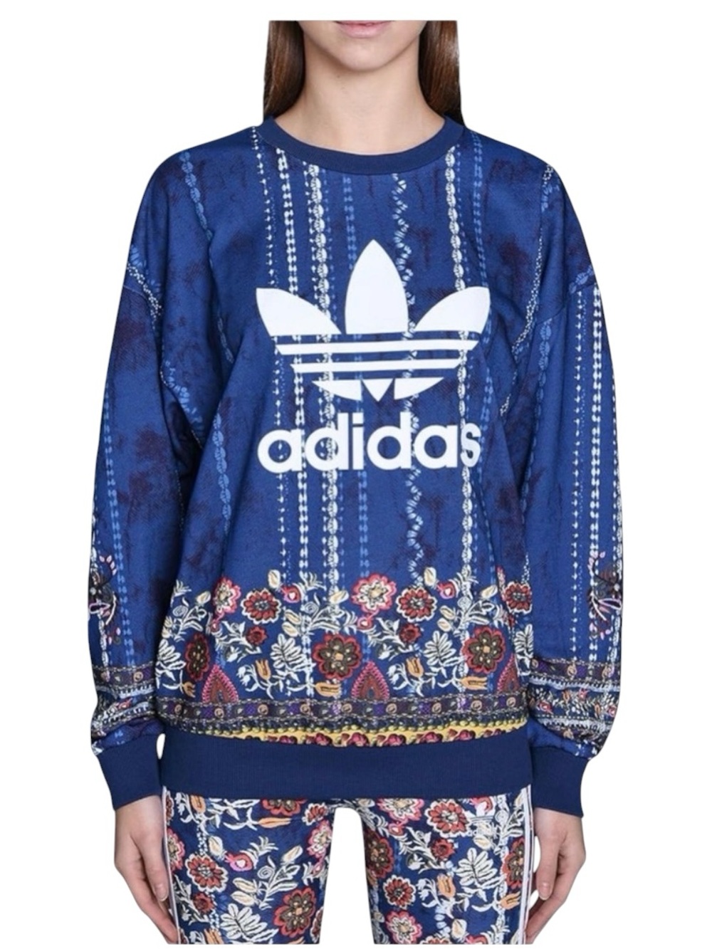 Adidas x Farm Rio Floral Print Sweatshirt Women Small Blue Trefoil Pullover